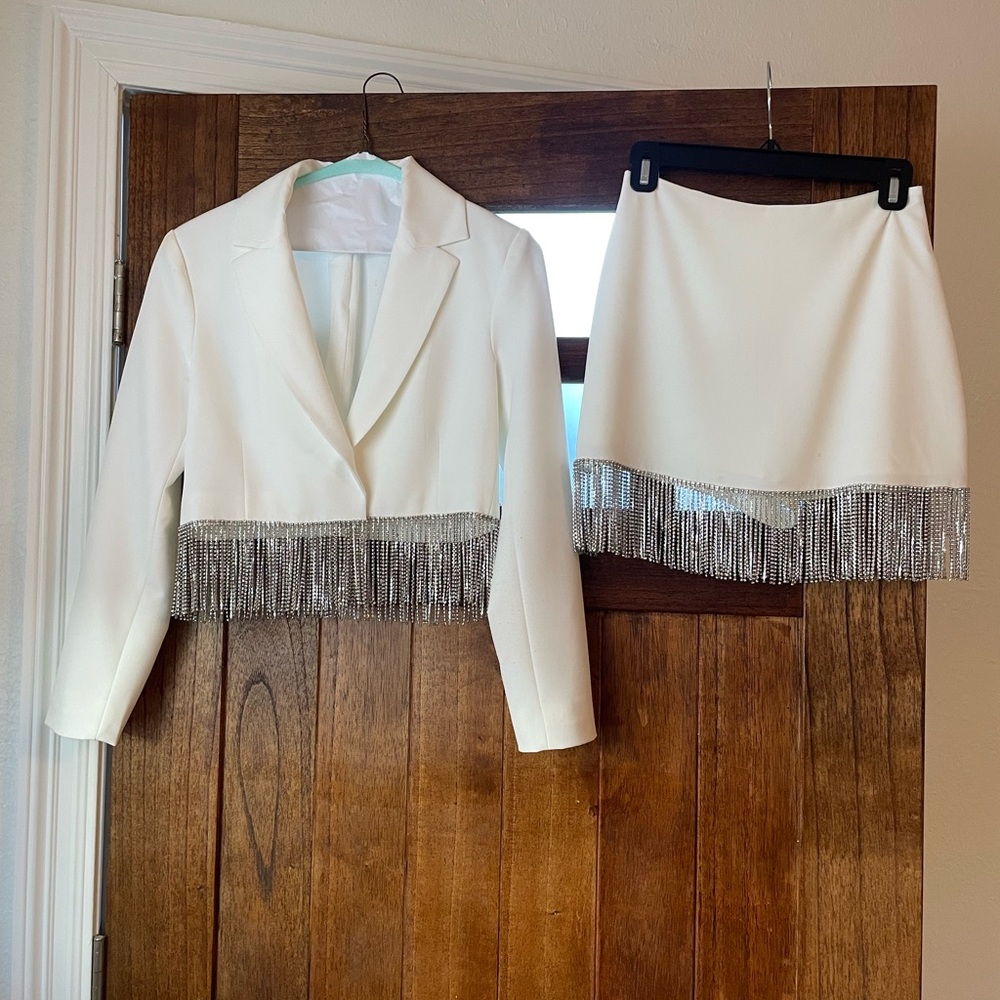 Gianni Bini Rhinestone Fringe Crepe Jacket & Skirt/Skort Set